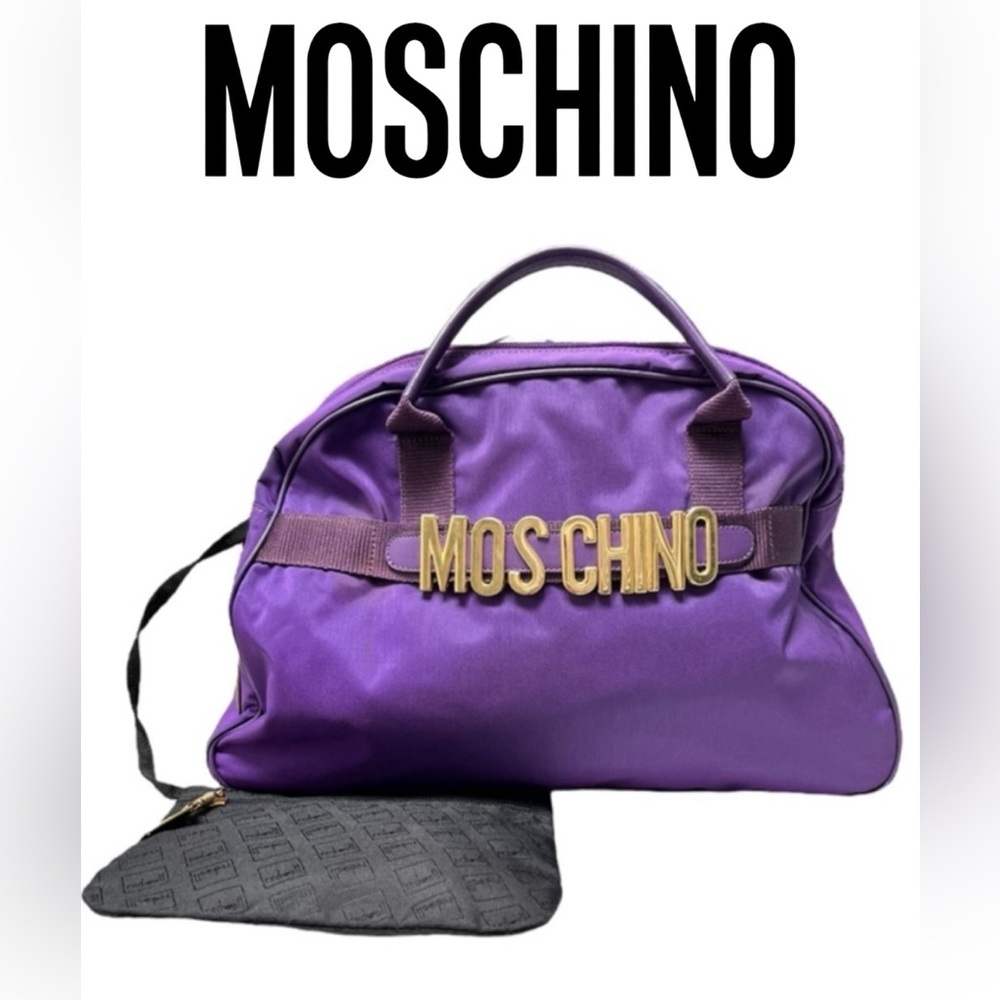 Vintage Moschino Redwall Logo Nylon Satchel Purple Gold Hardware with Pouch Rare